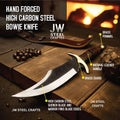 Frontier Clip Point Bowie Knife 13 Inch Blade, Hand Forged High Carbon Steel, Stacked Leather Handle, Brass Crossguard, Handmade Leather Sheath, JW SteelCrafts
