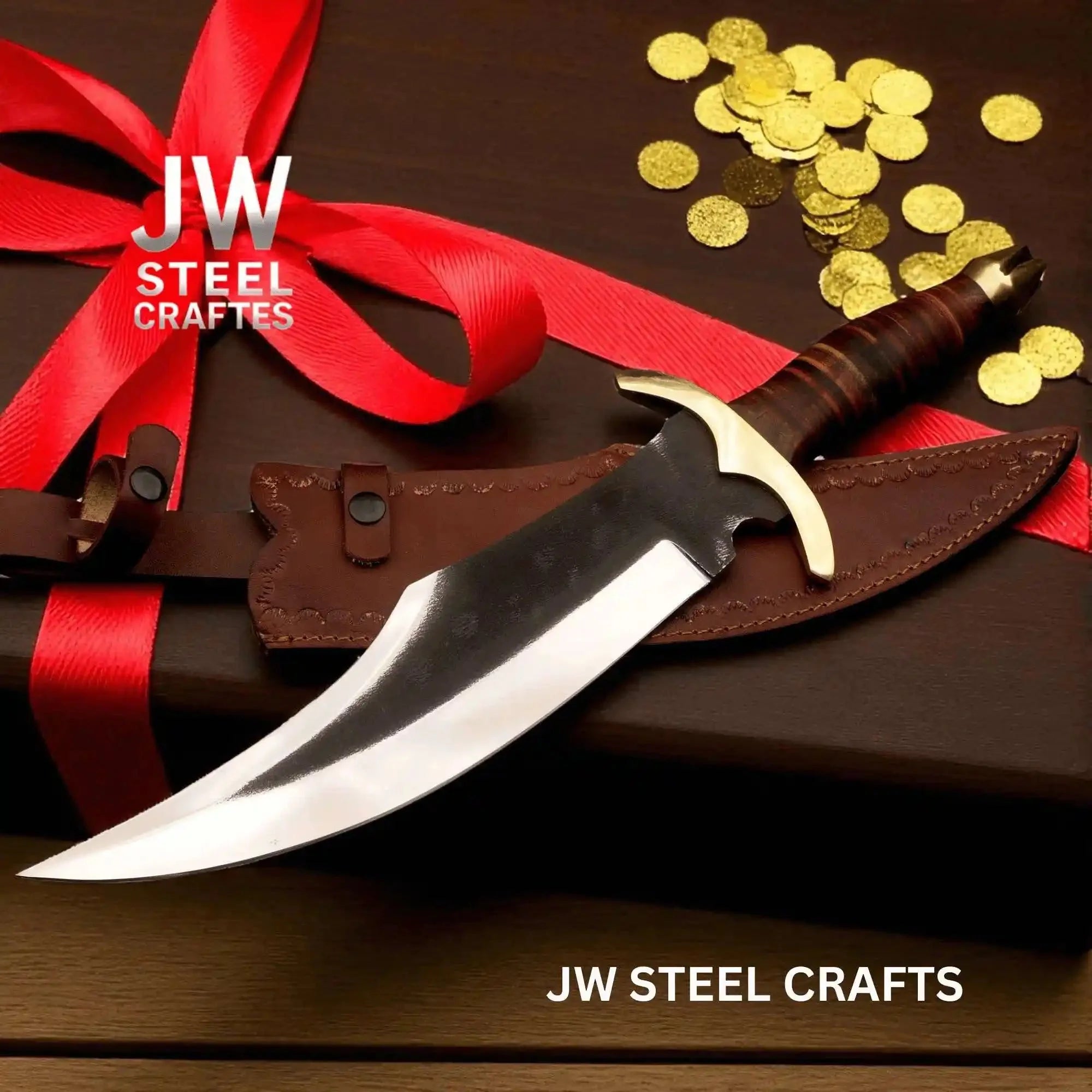 Frontier Clip Point Bowie Knife 13 Inch Blade, Hand Forged High Carbon Steel, Stacked Leather Handle, Brass Crossguard, Handmade Leather Sheath, JW SteelCrafts