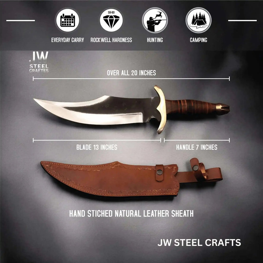 Frontier Clip Point Bowie Knife 13 Inch Blade, Hand Forged High Carbon Steel, Stacked Leather Handle, Brass Crossguard, Handmade Leather Sheath, JW SteelCrafts