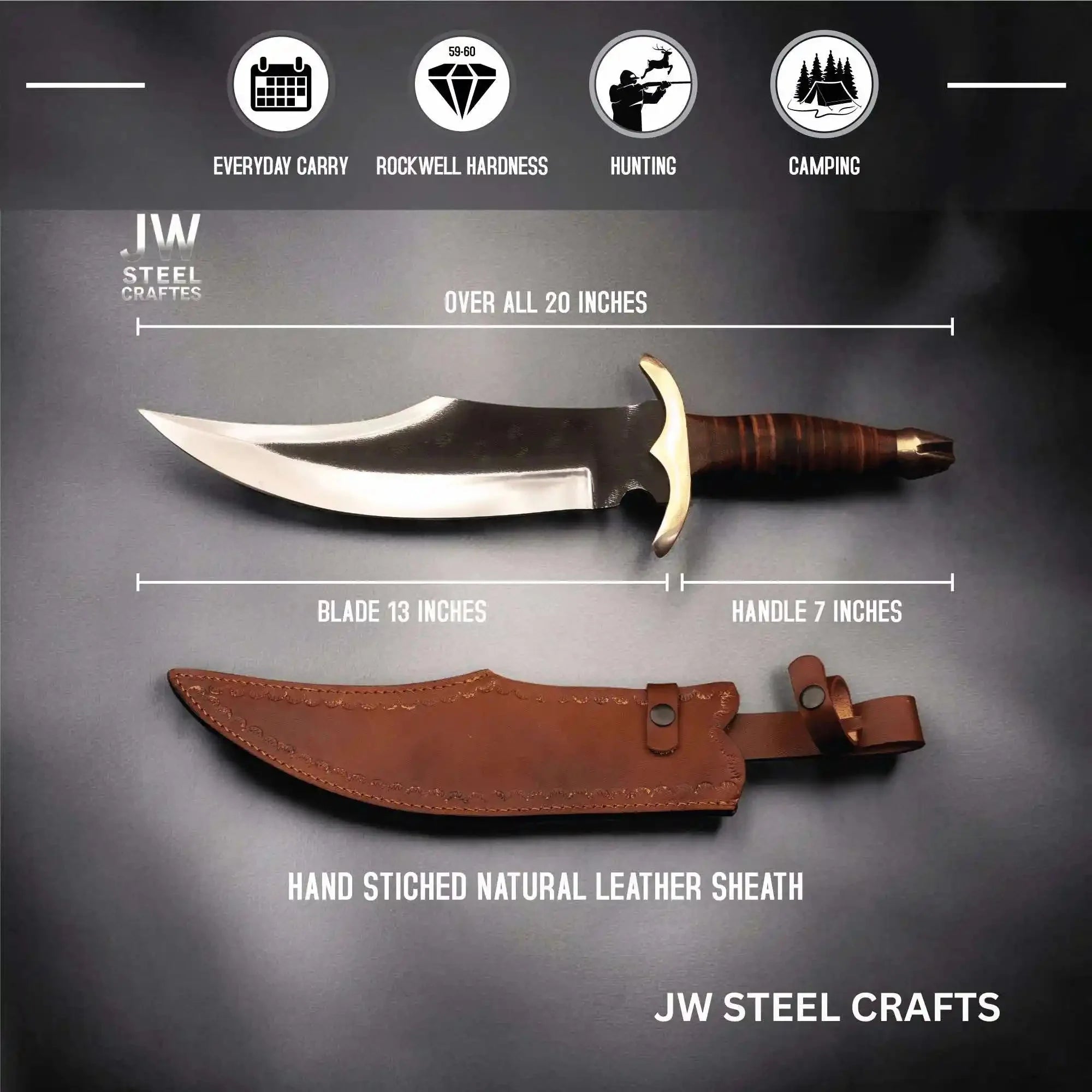 Frontier Clip Point Bowie Knife 13 Inch Blade, Hand Forged High Carbon Steel, Stacked Leather Handle, Brass Crossguard, Handmade Leather Sheath, JW SteelCrafts