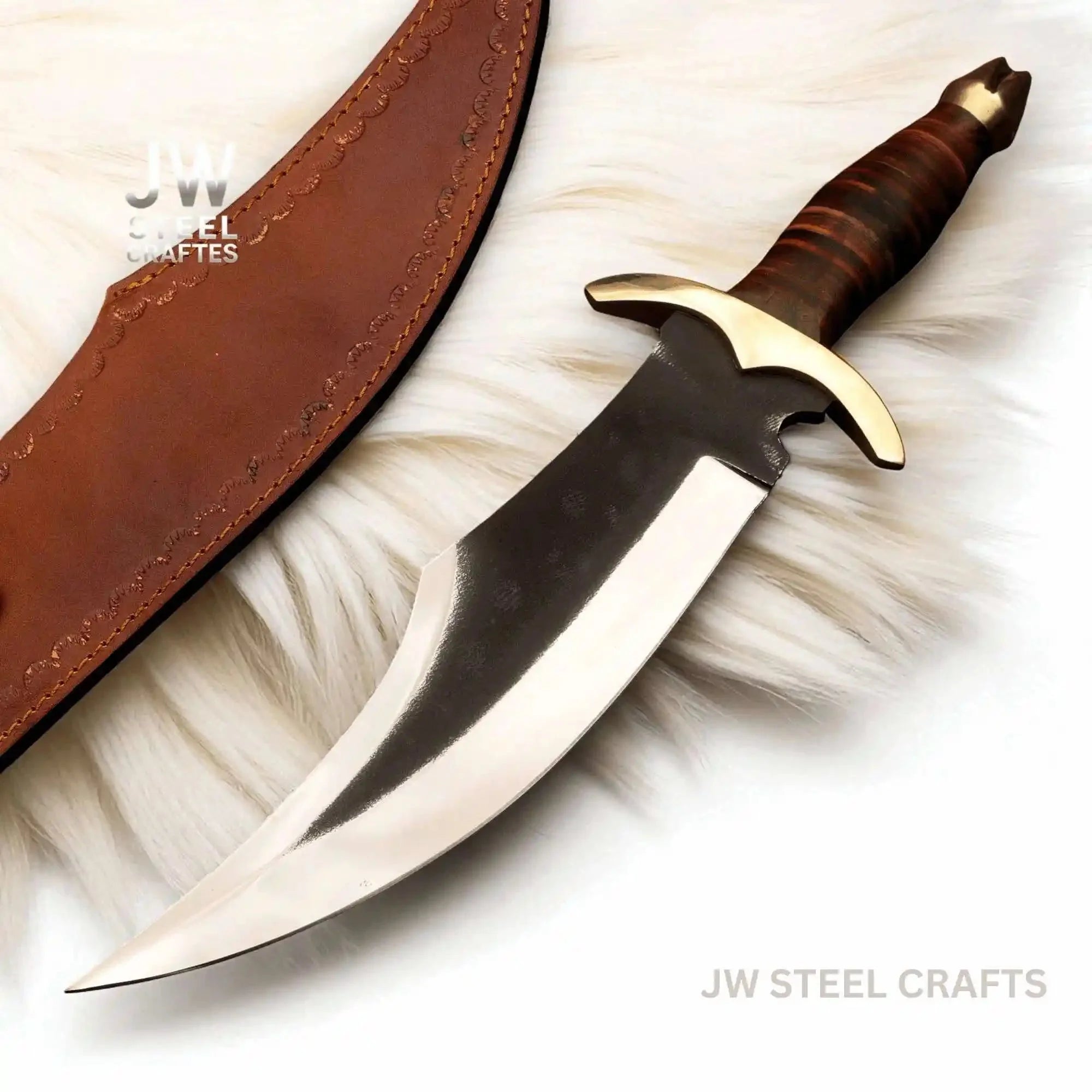 Frontier Clip Point Bowie Knife 13 Inch Blade, Hand Forged High Carbon Steel, Stacked Leather Handle, Brass Crossguard, Handmade Leather Sheath, JW SteelCrafts