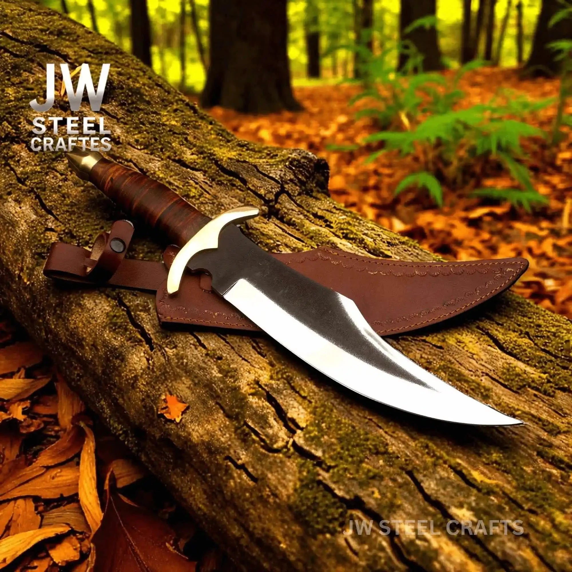 Frontier Clip Point Bowie Knife 13 Inch Blade, Hand Forged High Carbon Steel, Stacked Leather Handle, Brass Crossguard, Handmade Leather Sheath, JW SteelCrafts
