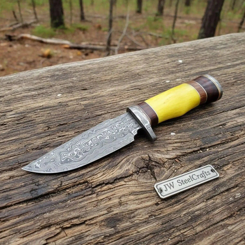 Frontier Clip Point Bowie Knife, Hand Forged Damascus Steel Blade, Stacked Handle, Custom Handmade Bowie, JW SteelCrafts