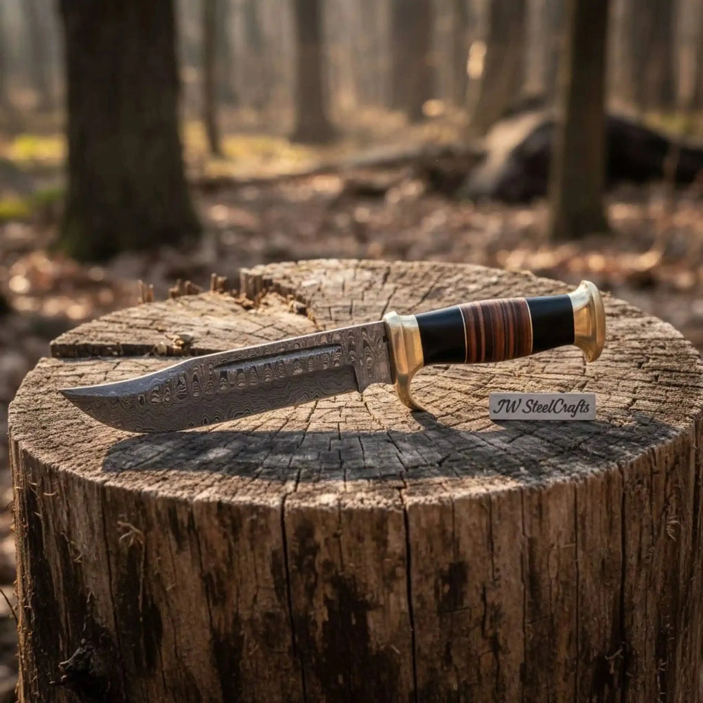 Frontier Clip Point Bowie Knife, Hand Forged Damascus Steel Blade, Stacked Wood Handle, Custom Fixed Blade, JW SteelCrafts