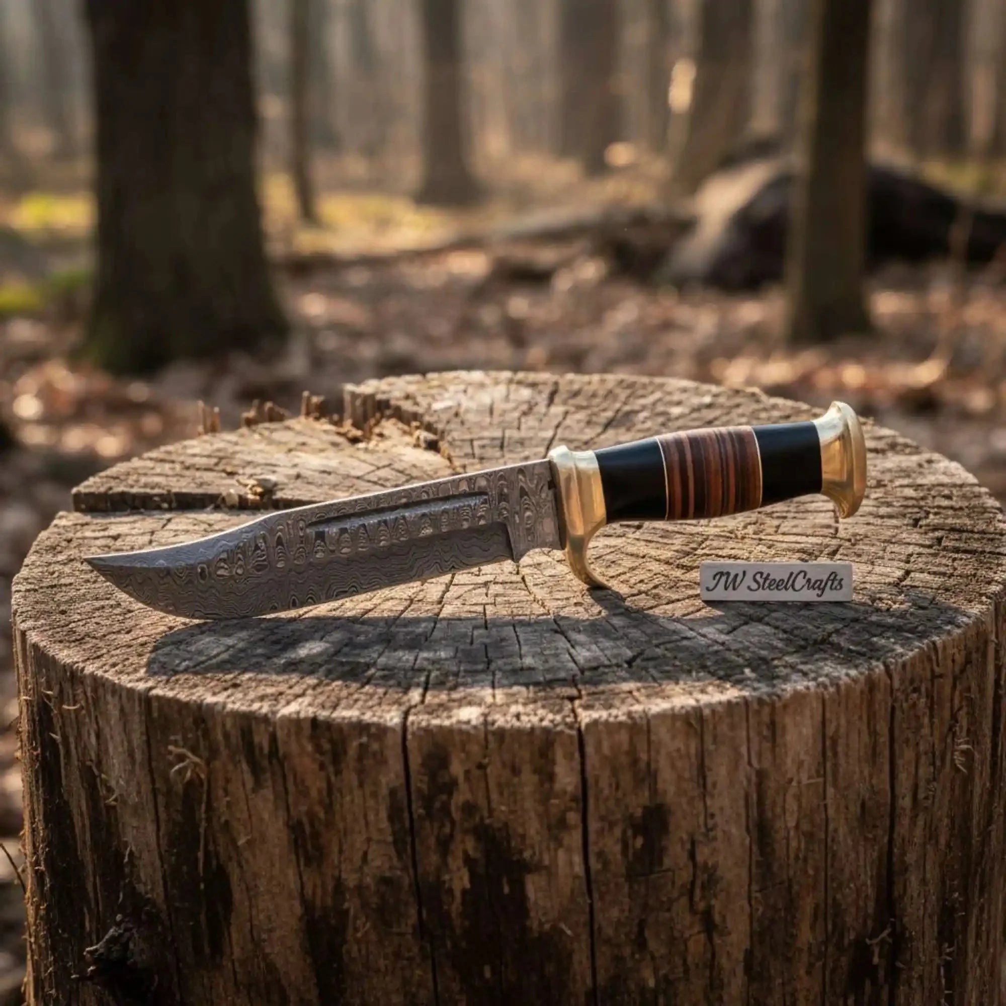 Frontier Clip Point Bowie Knife, Hand Forged Damascus Steel Blade, Stacked Wood Handle, Custom Fixed Blade, JW SteelCrafts