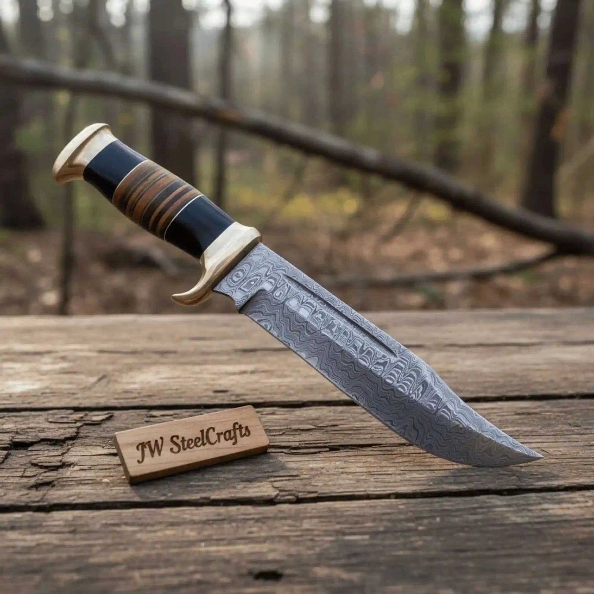 Frontier Clip Point Bowie Knife, Hand Forged Damascus Steel Blade, Stacked Wood Handle, Custom Fixed Blade, JW SteelCrafts