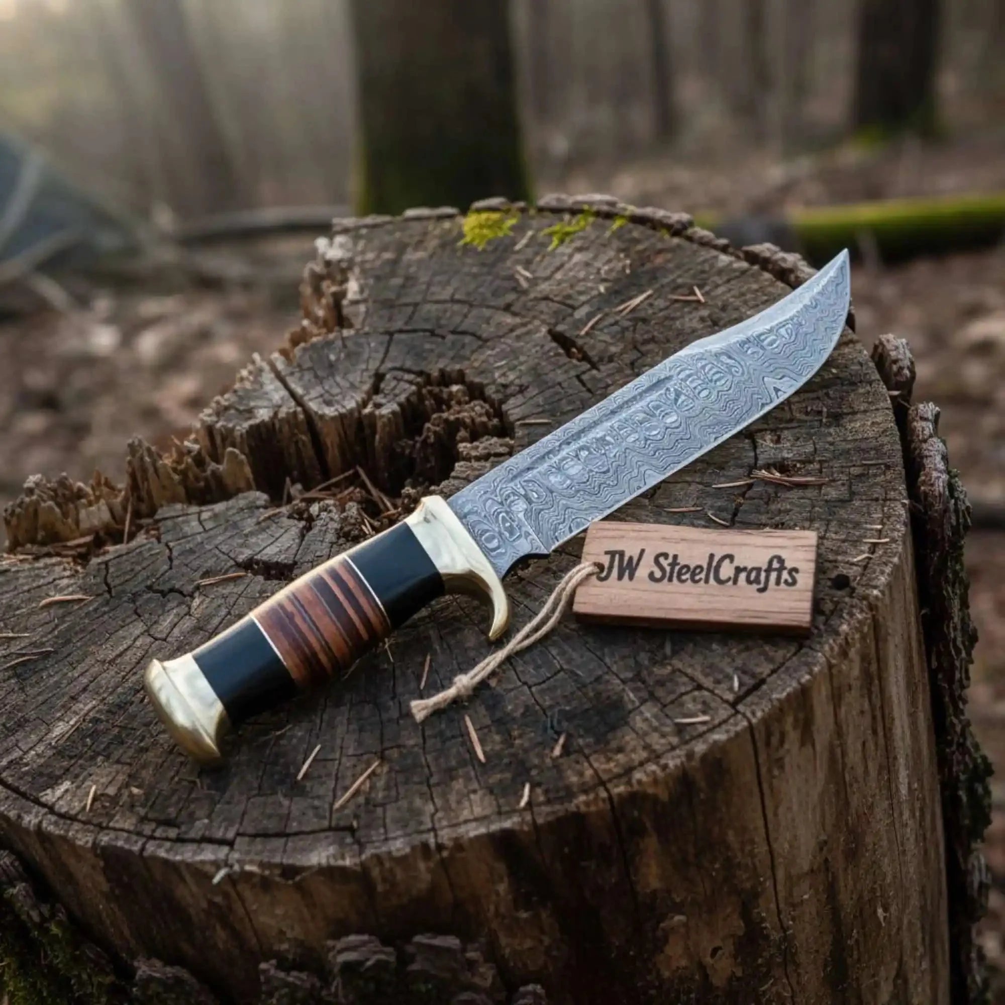 Frontier Clip Point Bowie Knife, Hand Forged Damascus Steel Blade, Stacked Wood Handle, Custom Fixed Blade, JW SteelCrafts