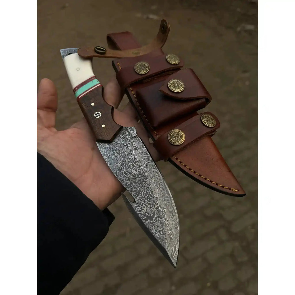 Gut Hook Hunting Knife with Bone, Resin & Rosewood Handle | Damascus Pattern Blade