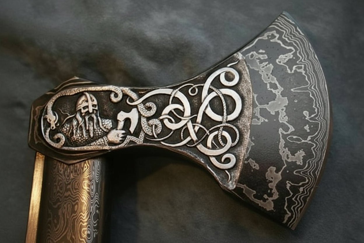 Hand Engraved Damascus Viking Axe with Carved Hardwood Handle and Matching Damascus Knife | Norse Collector Axe Set | JW SteelCrafts