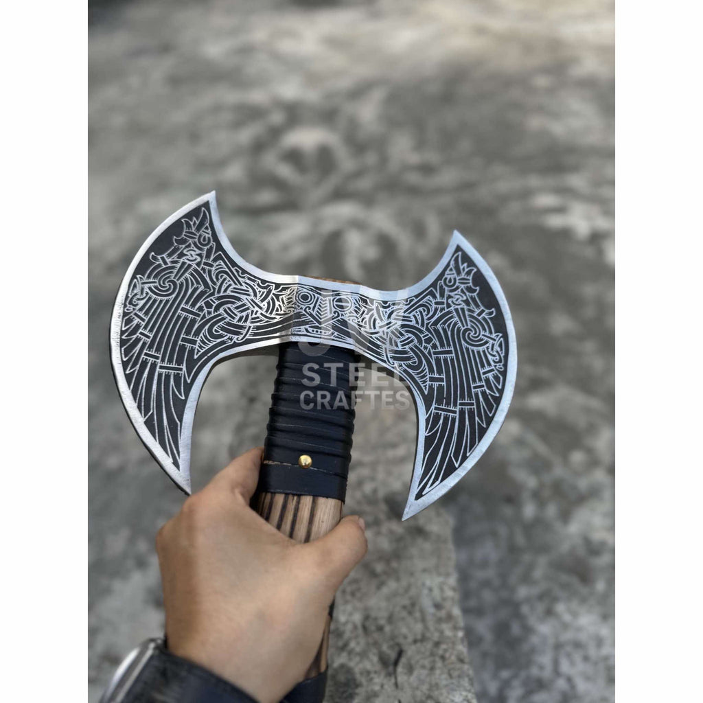 Hand-Engraved Double-Headed Nordic Inspired Decorative Axe