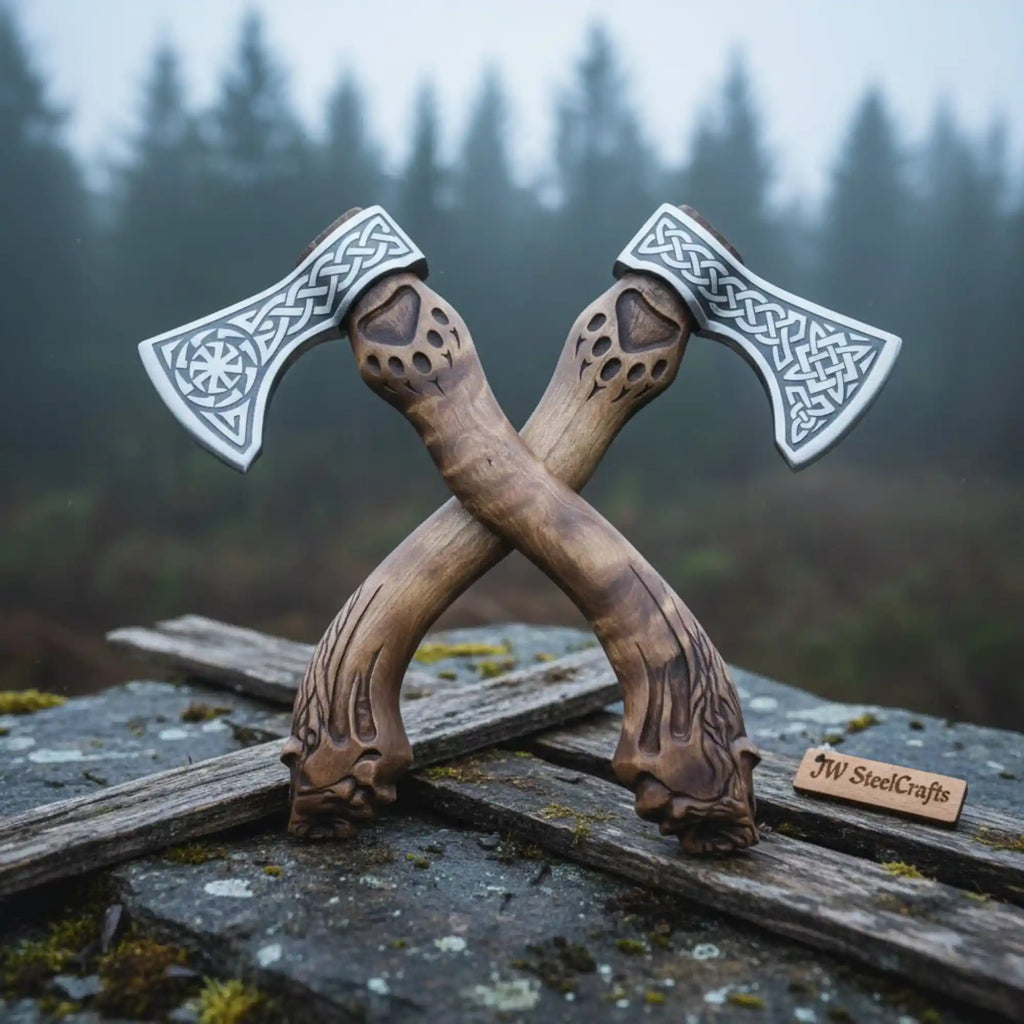 Hand Engraved Norse Viking Bearded Axe Set – Celtic Knot Steel Heads with Carved Hardwood Handles | JW SteelCrafts