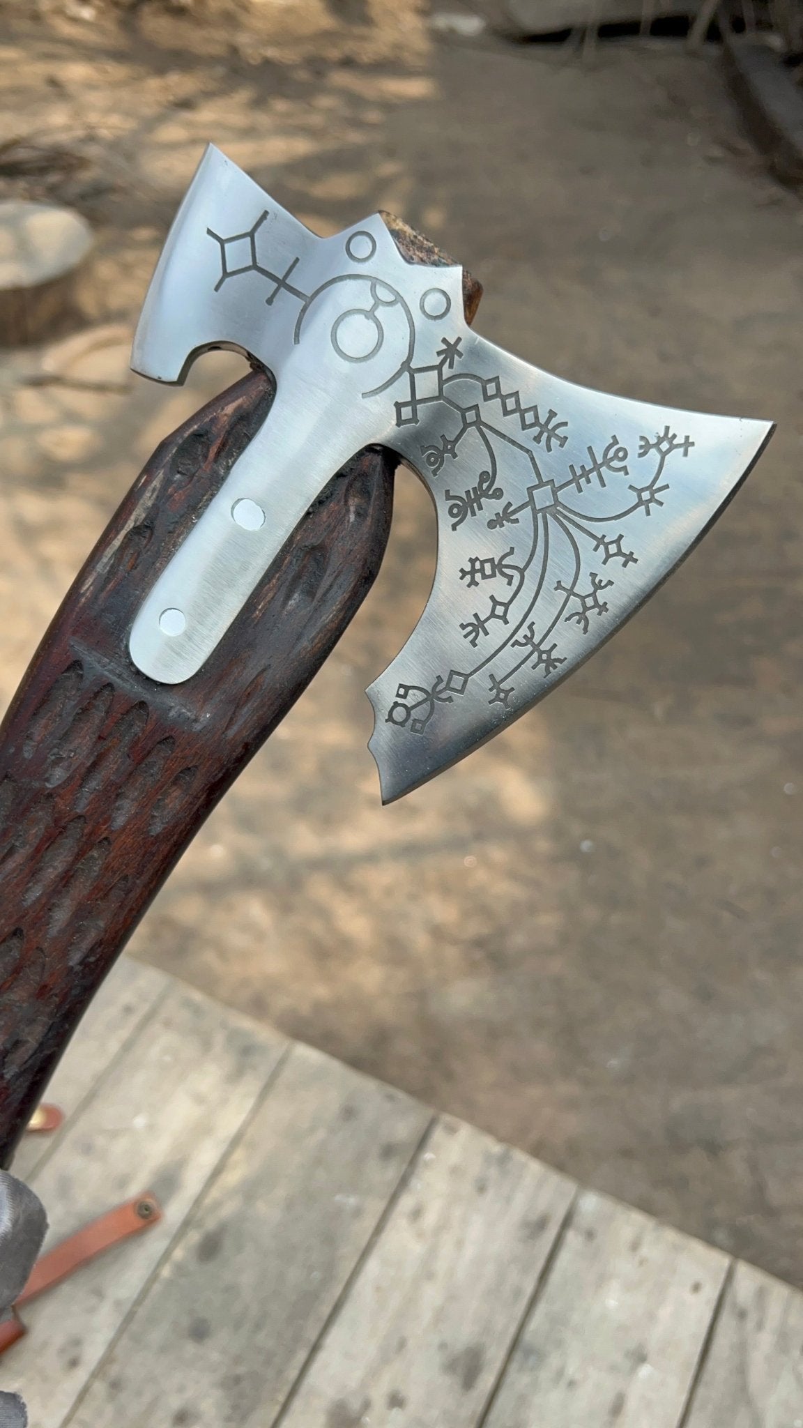 Hand Engraved Viking Double-Bit Axe with Carved Hardwood Handle and Norse Rune Detailing | Handmade Damascus Steel Collector Axe | JW SteelCrafts