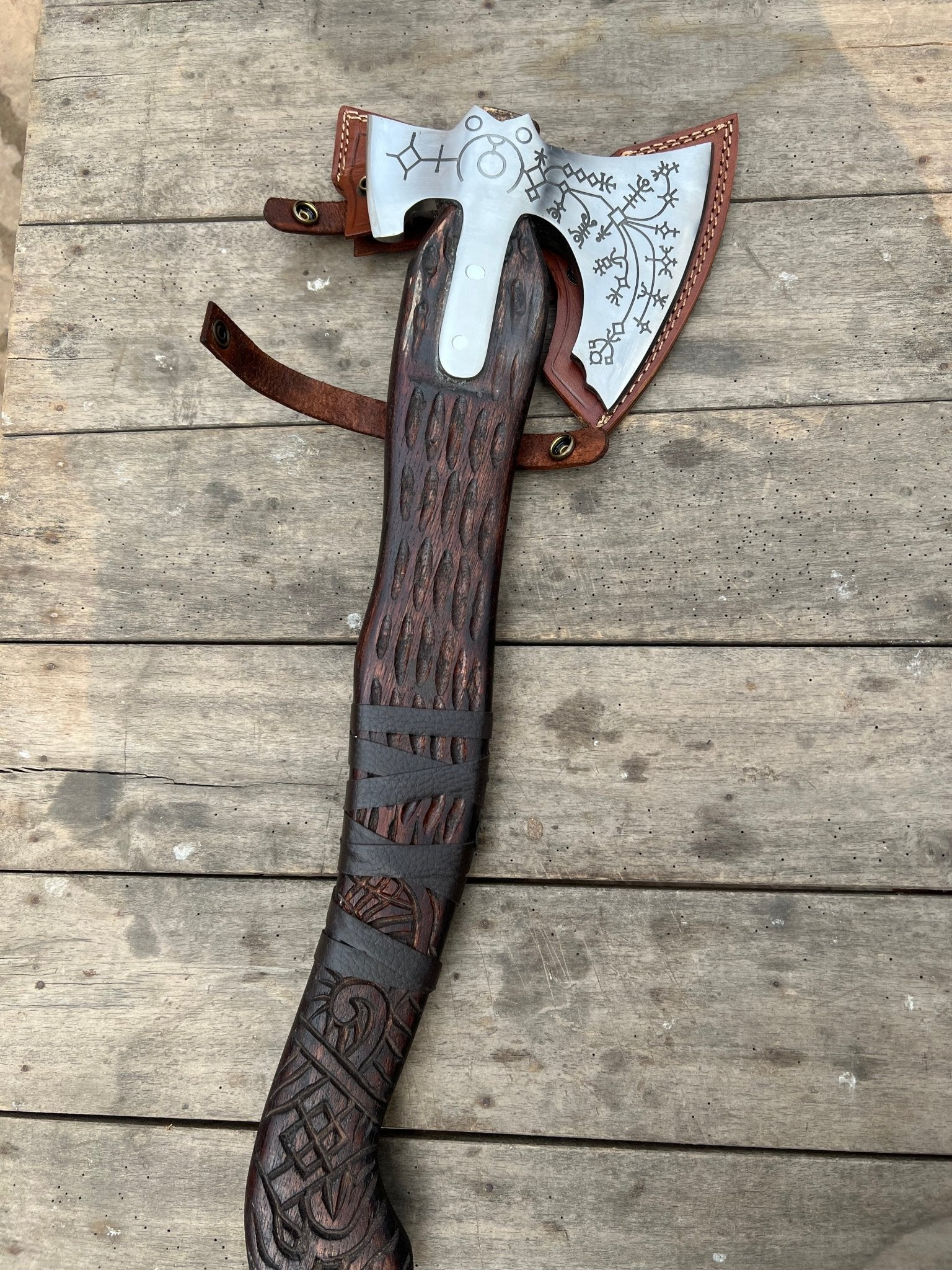 Hand Engraved Viking Double-Bit Axe with Carved Hardwood Handle and Norse Rune Detailing | Handmade Damascus Steel Collector Axe | JW SteelCrafts