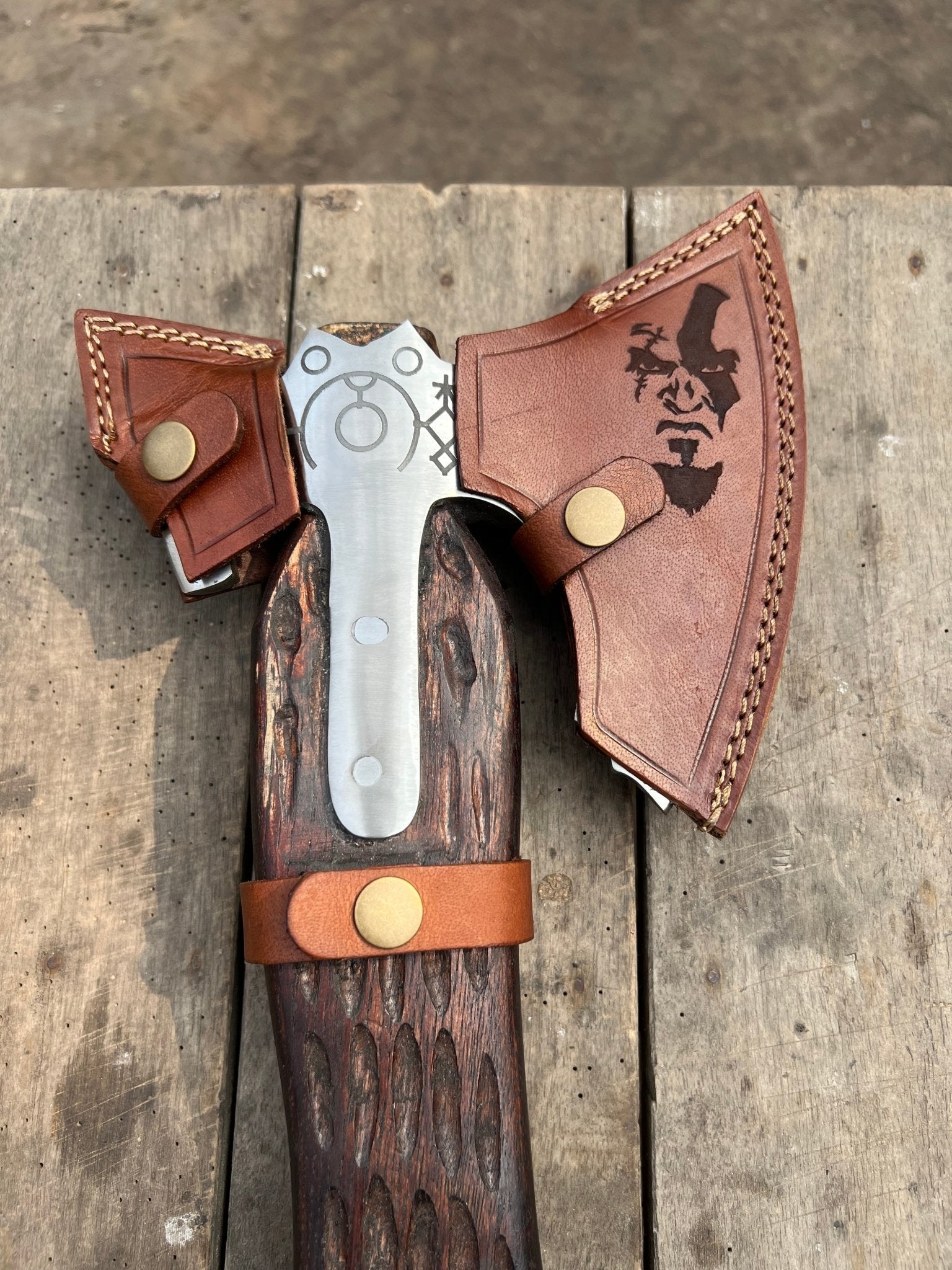 Hand Engraved Viking Double-Bit Axe with Carved Hardwood Handle and Norse Rune Detailing | Handmade Damascus Steel Collector Axe | JW SteelCrafts
