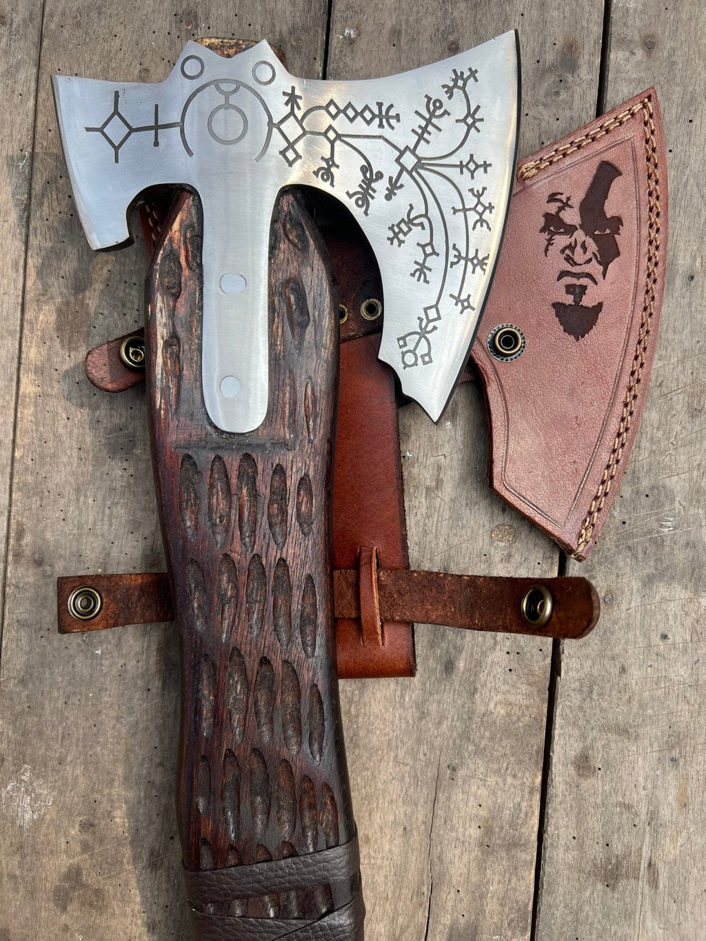 Hand Engraved Viking Double-Bit Axe with Carved Hardwood Handle and Norse Rune Detailing | Handmade Damascus Steel Collector Axe | JW SteelCrafts