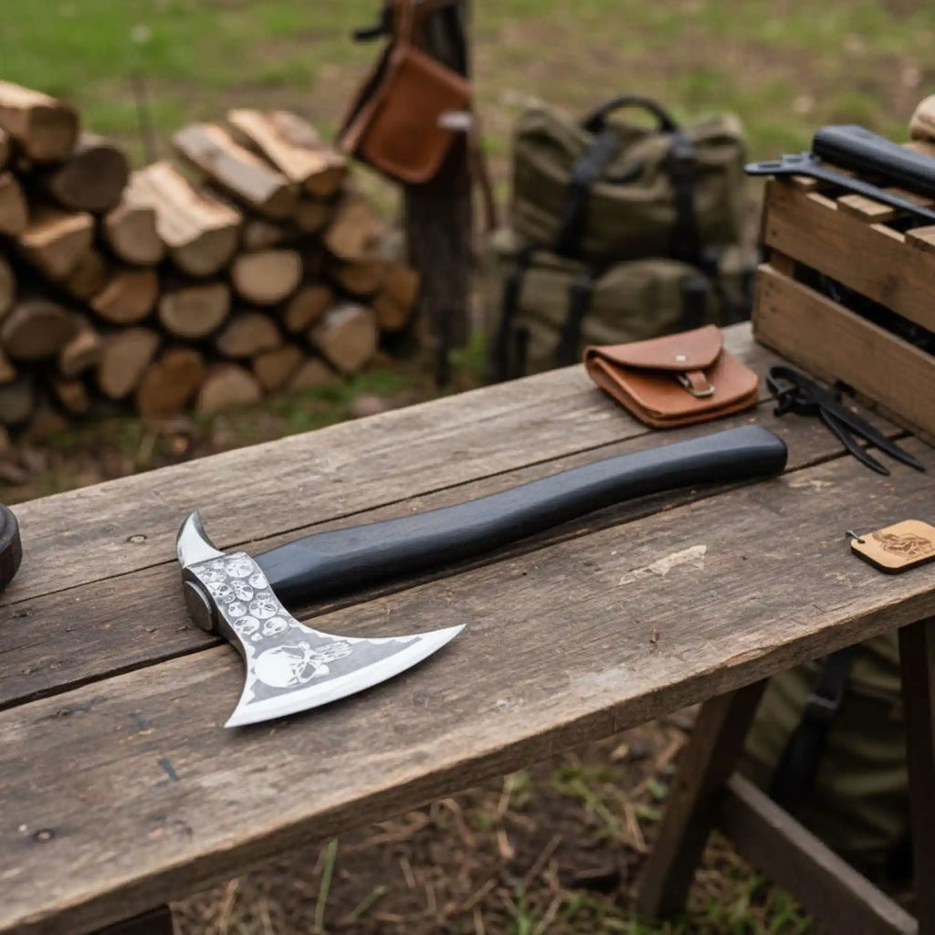 Hand-finished Bearded Axe – Detailed Etched Steel Head with Minimalist Black Handle