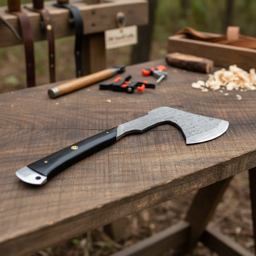 Hand-Forged Bearded Camp Hatchet with Hardwood Handle and Leather Sheath