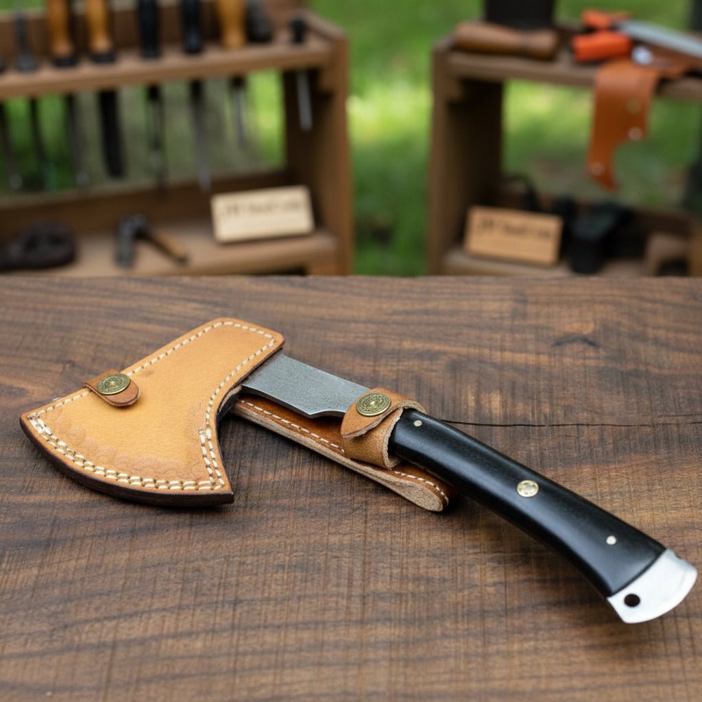 Hand-Forged Bearded Camp Hatchet with Hardwood Handle and Leather Sheath