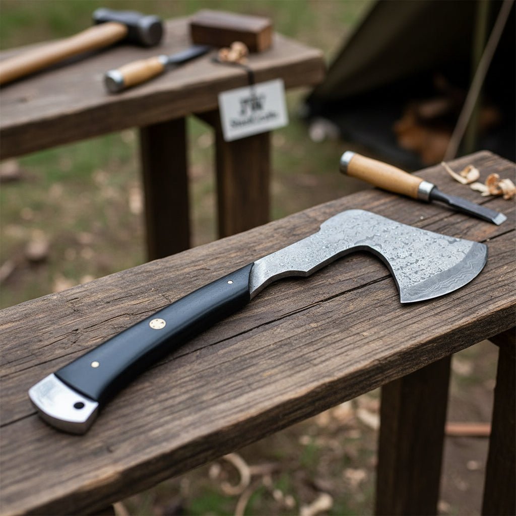 Hand-Forged Bearded Camp Hatchet with Hardwood Handle and Leather Sheath