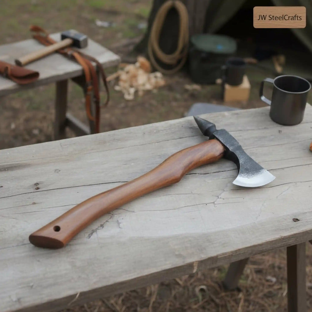 Hand-Forged Bearded Spike Poll Bushcraft Axe with Hardwood Handle