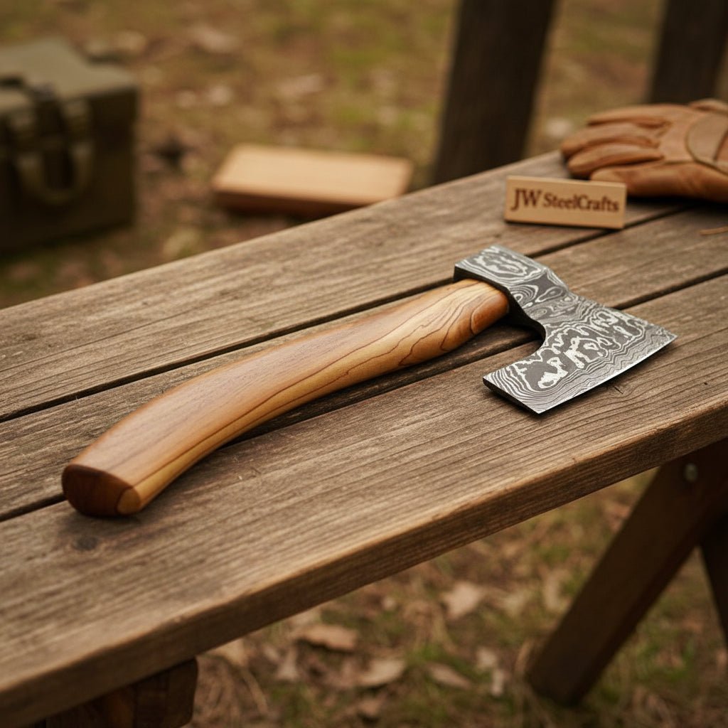 Hand-Forged Damascus Bearded Bushcraft Hatchet with Hardwood Handle