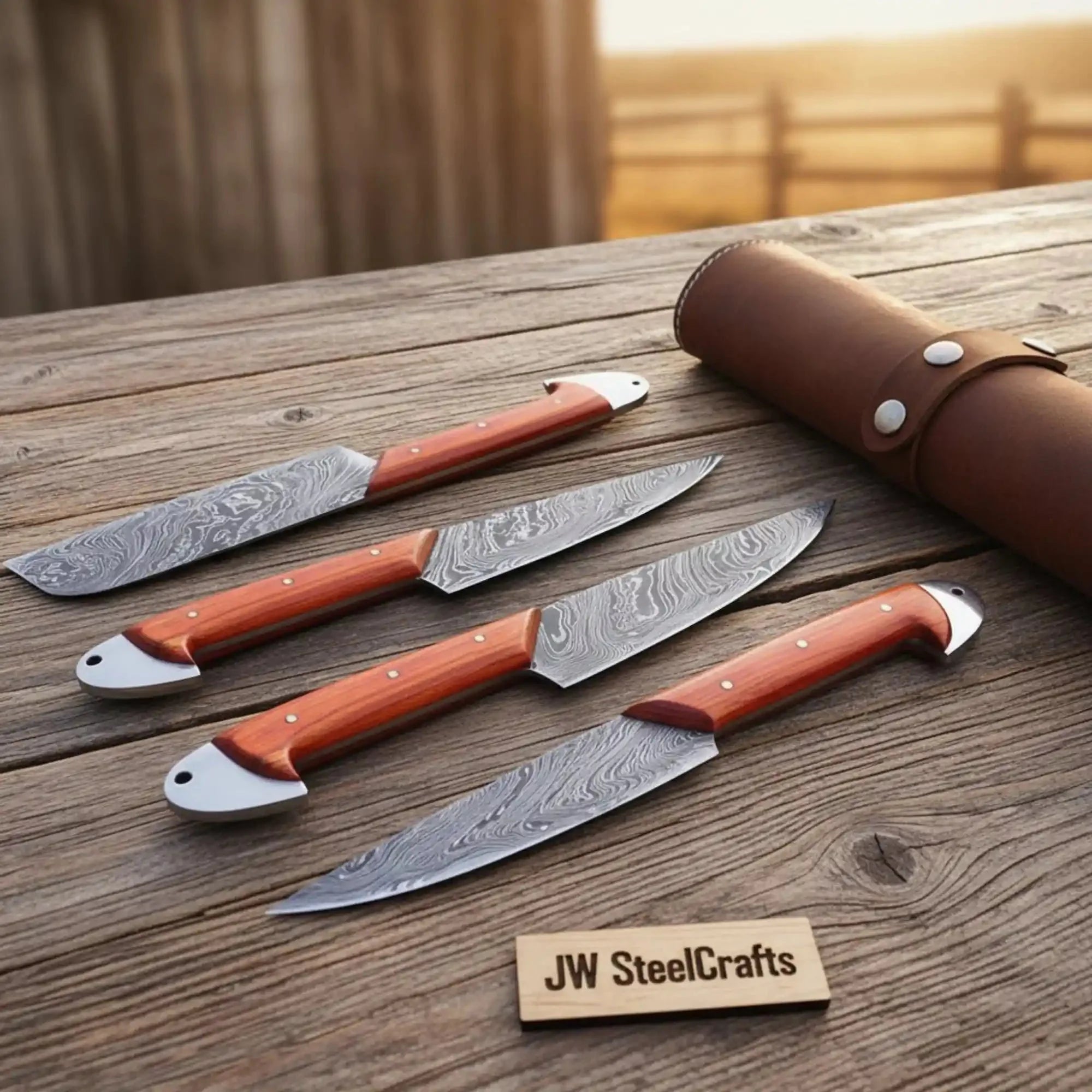 Hand-Forged Damascus Camp & Hunting Knife Set — Mixed Drop Point/Clip Point Blades, Orange Pakka Wood + Leather Kit