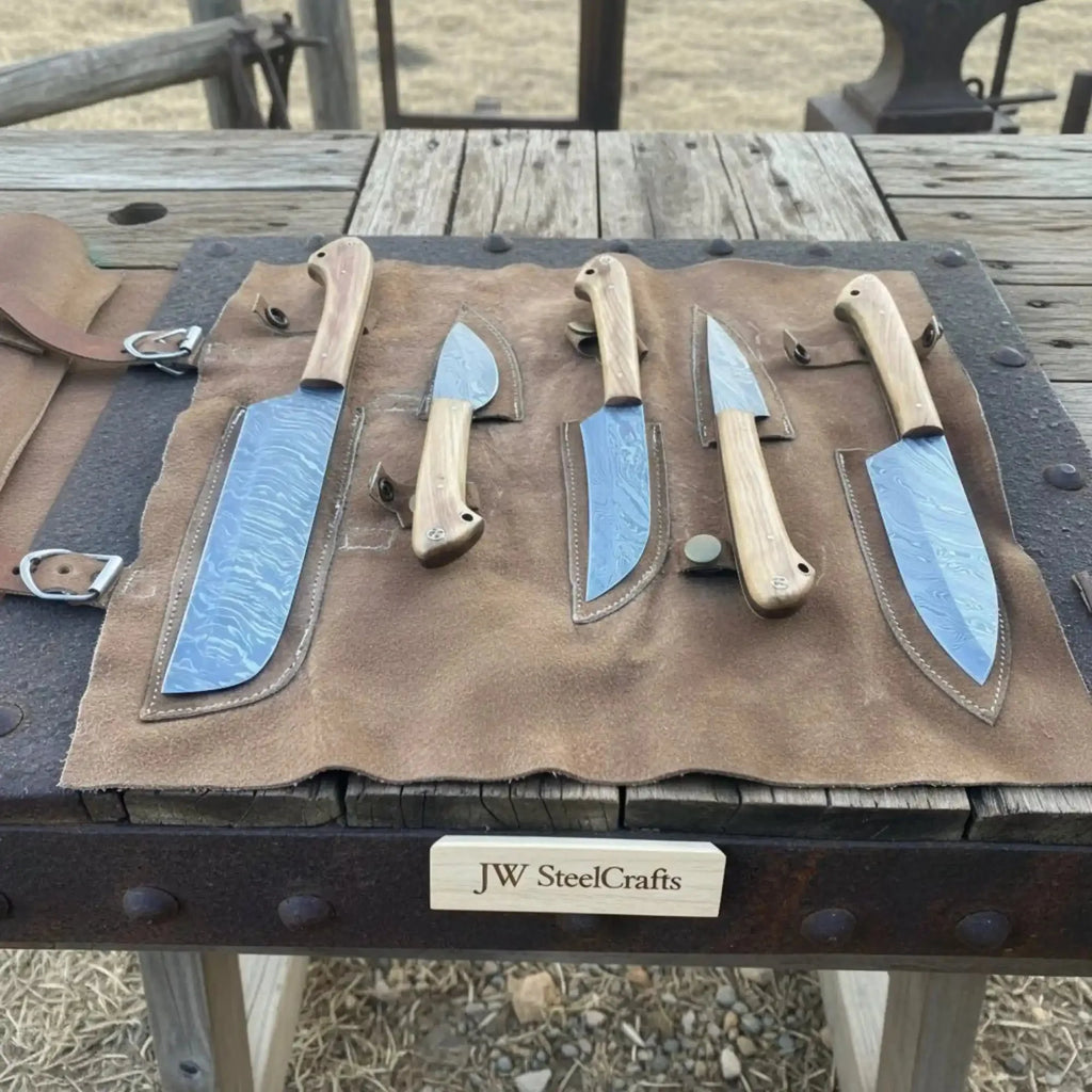 Hand Forged Damascus Chef Knife Set with Cleaver, Utility, Paring and Skinner Knives, Full Tang Wood Handles, Leather Roll Kit