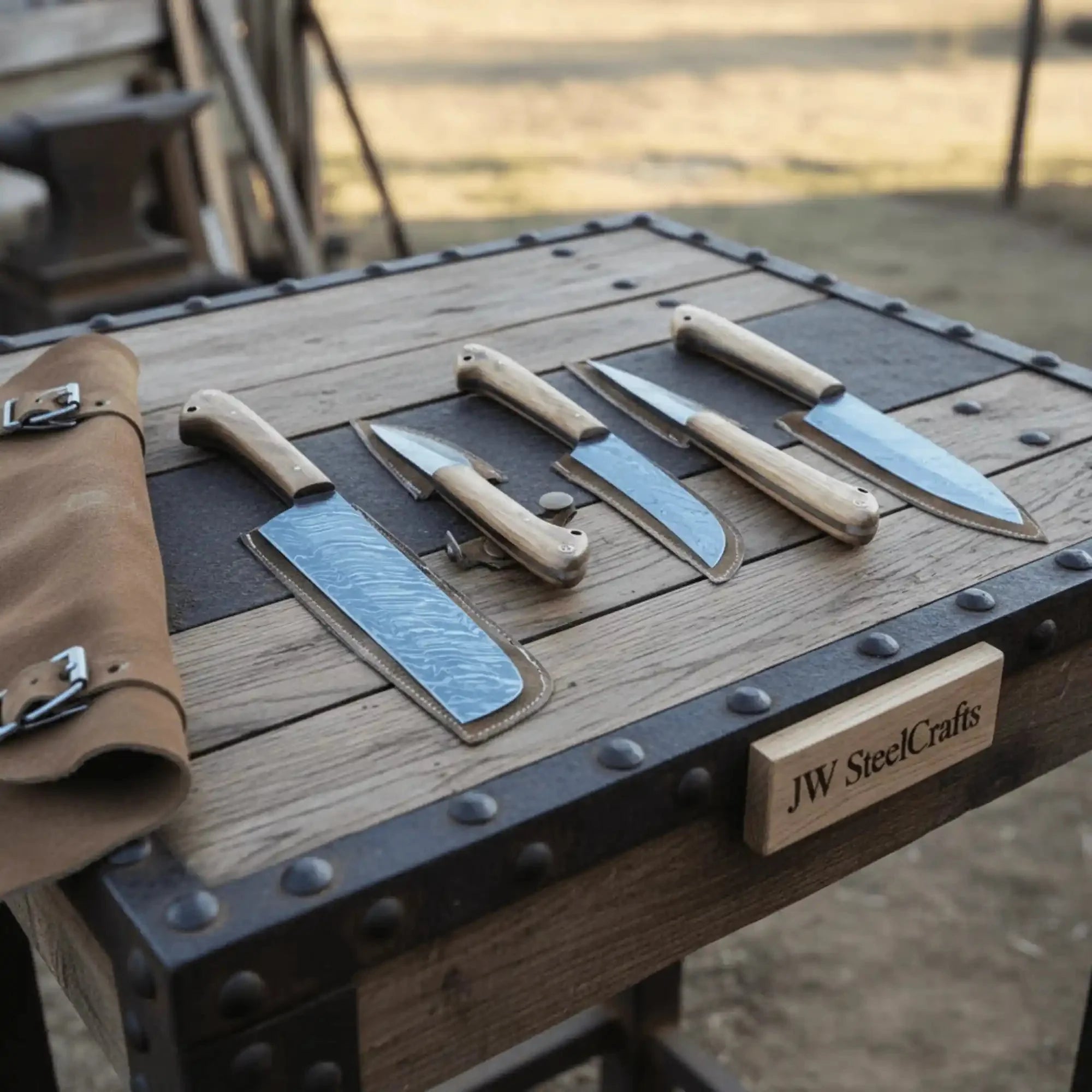 Hand Forged Damascus Chef Knife Set with Cleaver, Utility, Paring and Skinner Knives, Full Tang Wood Handles, Leather Roll Kit