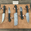 Hand-Forged Damascus Chef & Utility Knife Set — Black Pakka Handles, Full-Tang Blades with Leather Roll