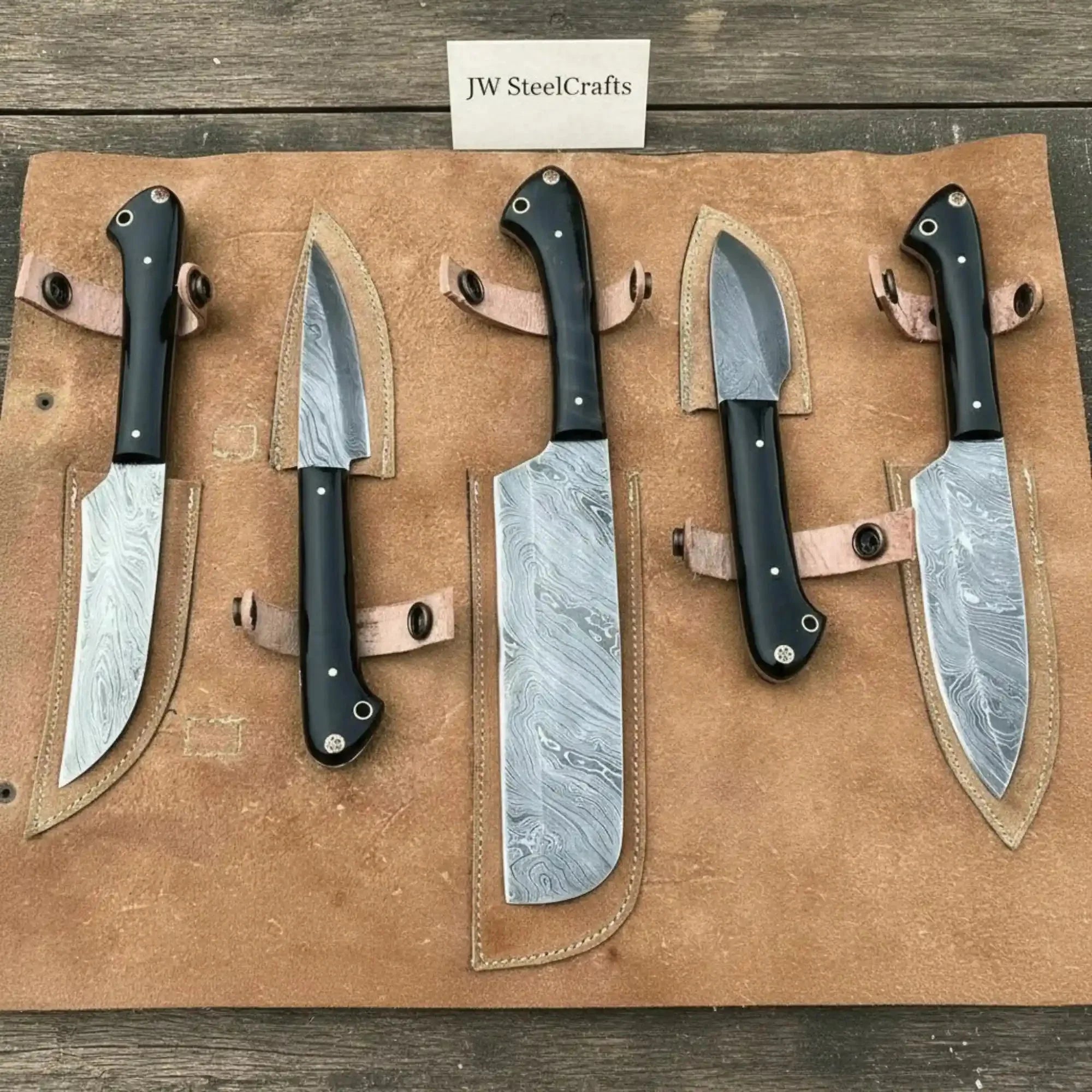Hand-Forged Damascus Chef & Utility Knife Set — Black Pakka Handles, Full-Tang Blades with Leather Roll