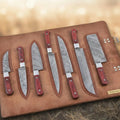Hand-Forged Damascus Chef & Utility Knife Set in Leather Roll | Red Pakka Wood | Full Tang