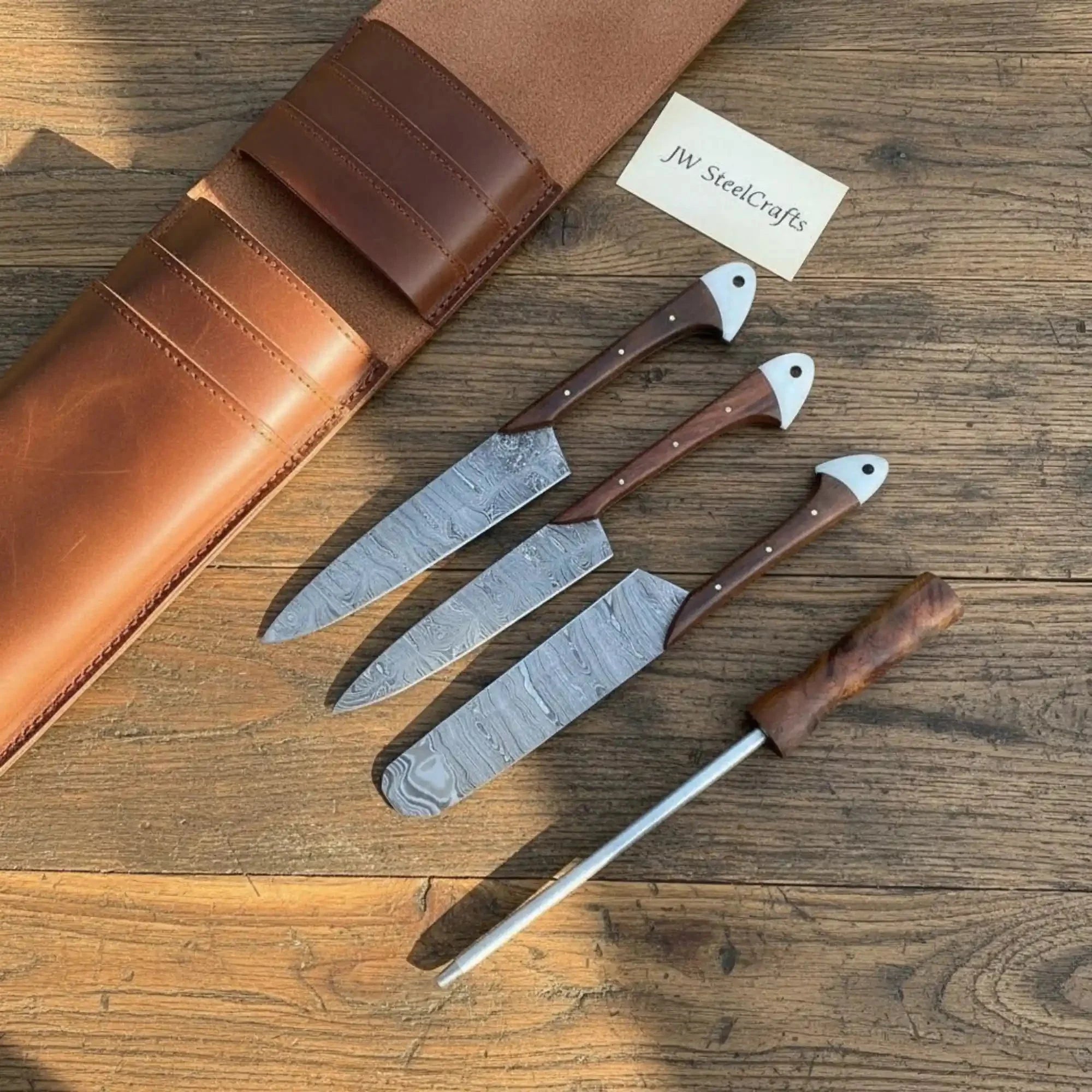 Hand-Forged Damascus Cutlery Kit — 7” Santoku, 8” Chef Knife, Kitchen Cleaver, 5” Petty Knife with Matching Honing Rod