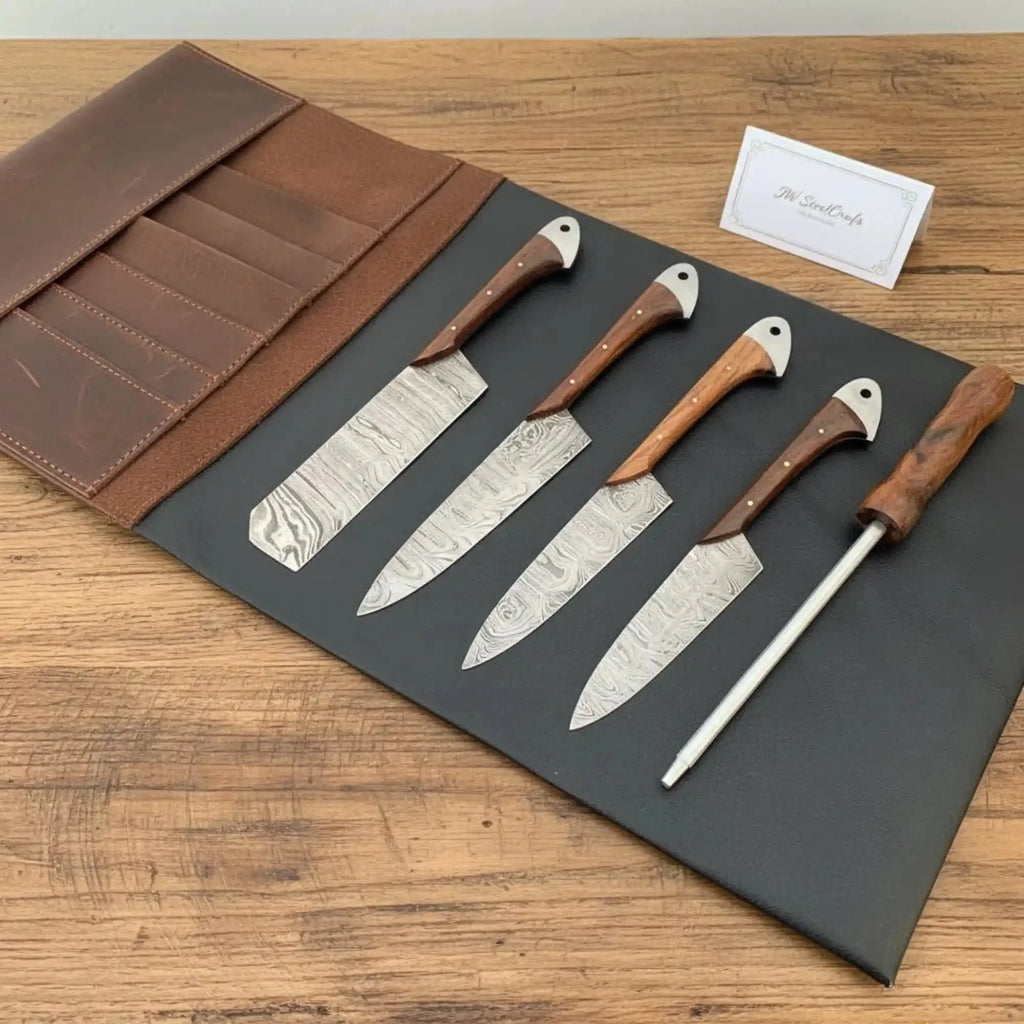 Hand-Forged Damascus Cutlery Kit — 7” Santoku, 8” Chef Knife, Kitchen Cleaver, 5” Petty Knife with Matching Honing Rod
