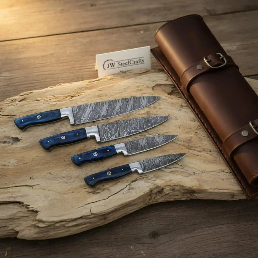 Hand-Forged Damascus French-Style Steak Knife Set — Slim Pointed Table Cutlery with Blue Wood Handles & Leather Roll