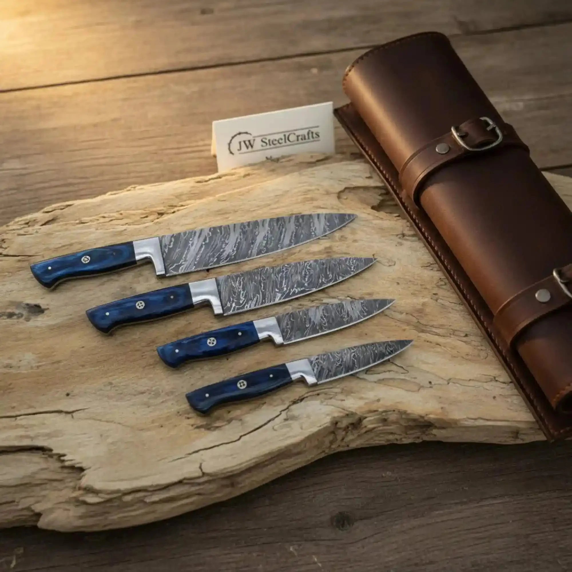 Hand-Forged Damascus French-Style Steak Knife Set — Slim Pointed Table Cutlery with Blue Wood Handles & Leather Roll