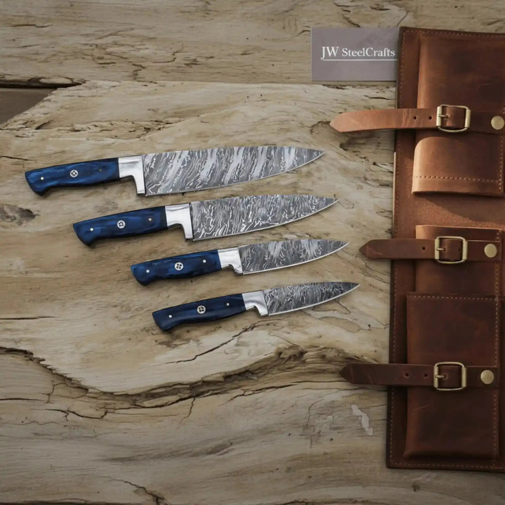 Hand-Forged Damascus French-Style Steak Knife Set — Slim Pointed Table Cutlery with Blue Wood Handles & Leather Roll