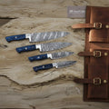 Hand-Forged Damascus French-Style Steak Knife Set — Slim Pointed Table Cutlery with Blue Wood Handles & Leather Roll