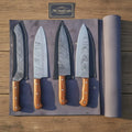 Hand-Forged Damascus Japanese Kitchen Quartet — Nakiri, Gyuto, Santoku & Chef Hybrid with Olive Handles