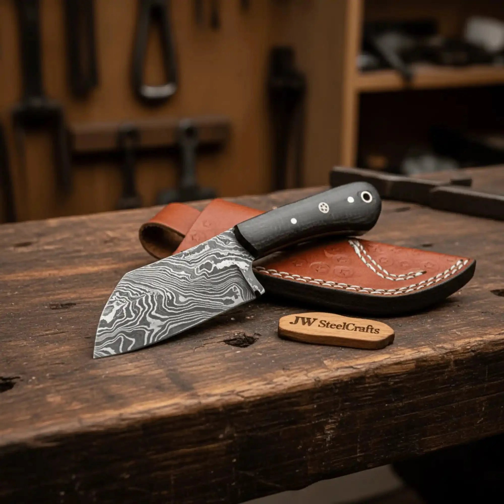 Hand Forged Damascus Skinning Knife with Black Micarta Handle, Full Tang Hunting Knife with Leather Sheath
