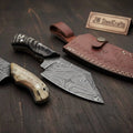 Hand Forged Damascus Skinning Knife with Ram Horn Handle, Full Tang Hunting Knife with Leather Sheath