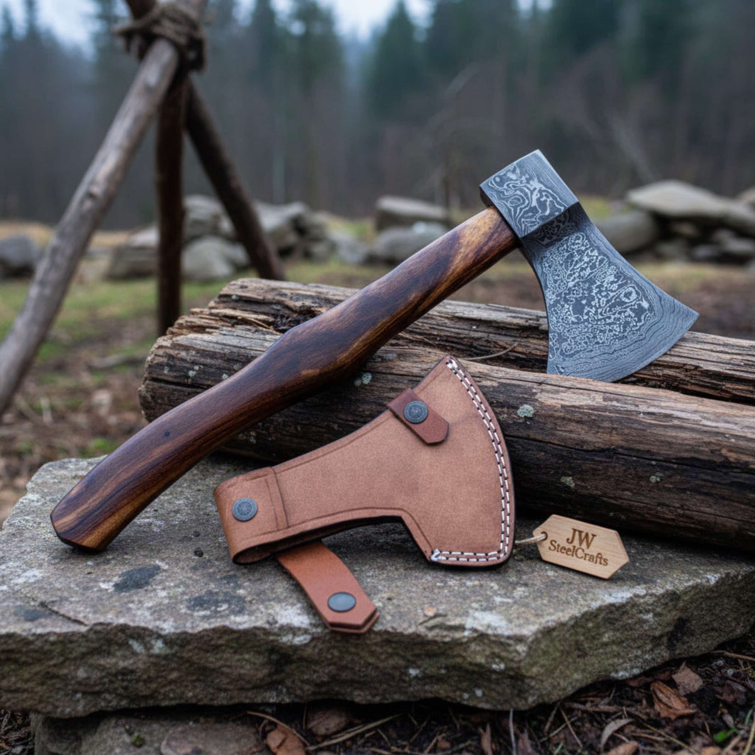 Hand Forged Damascus Steel Broad Edge Belt Axe with Hardwood Handle and Leather Sheath | JW SteelCrafts