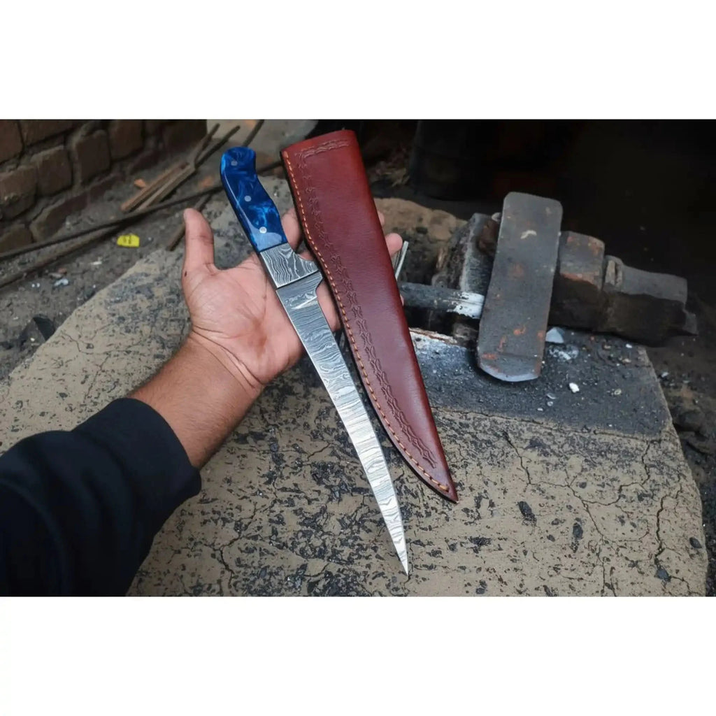 Hand-Forged Damascus Steel Fillet Knife – 8 Inch Flexible Fish Fillet Blade with Blue Resin Handle, Full Tang Professional Fishing Knife with Leather Sheath JW SteelCrafts