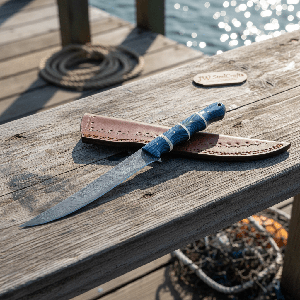 Hand Forged Damascus Steel Fillet Knife – Flexible Fish Fillet Blade with Blue Pakka Wood Handle, Full Tang Professional Fishing Knife with Leather Sheath JW SteelCrafts