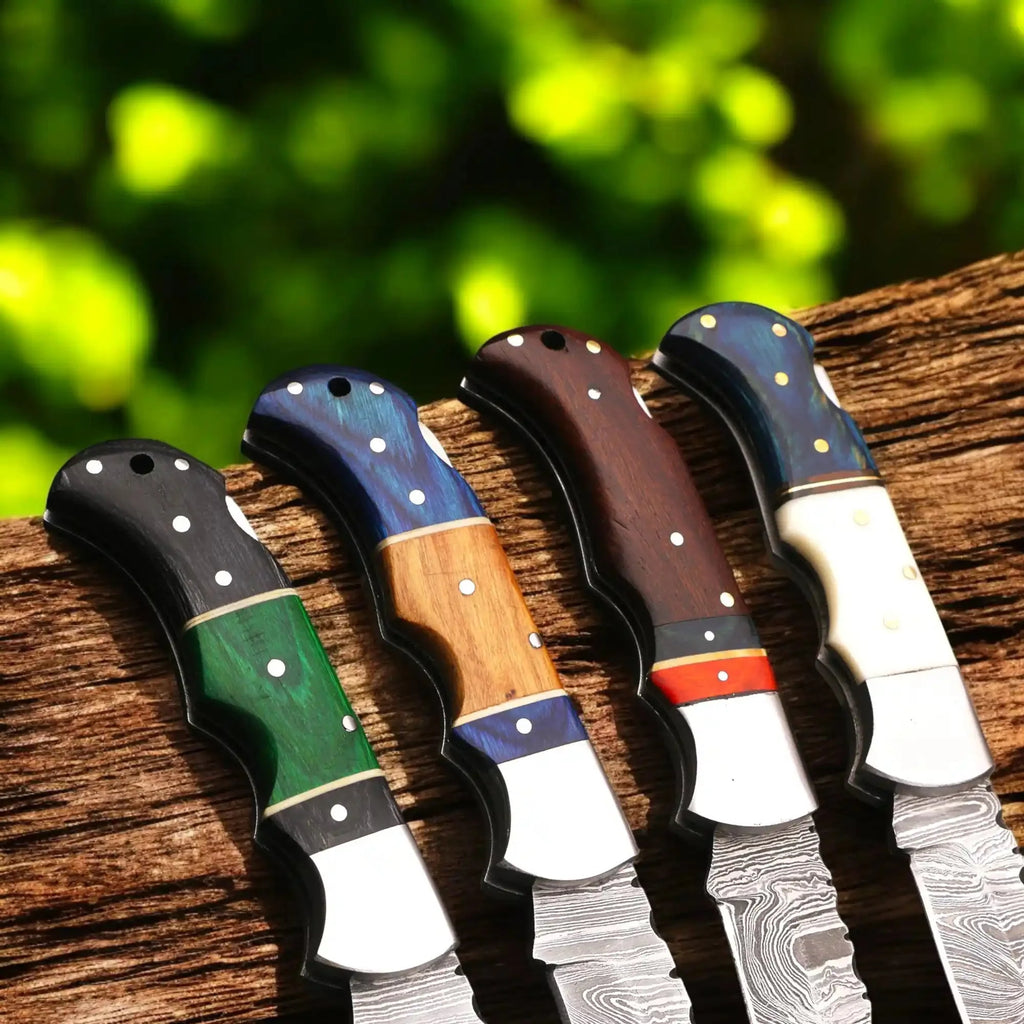 Hand Forged Damascus Steel Folding Knife – Pakka Wood Handle with Leather Sheath