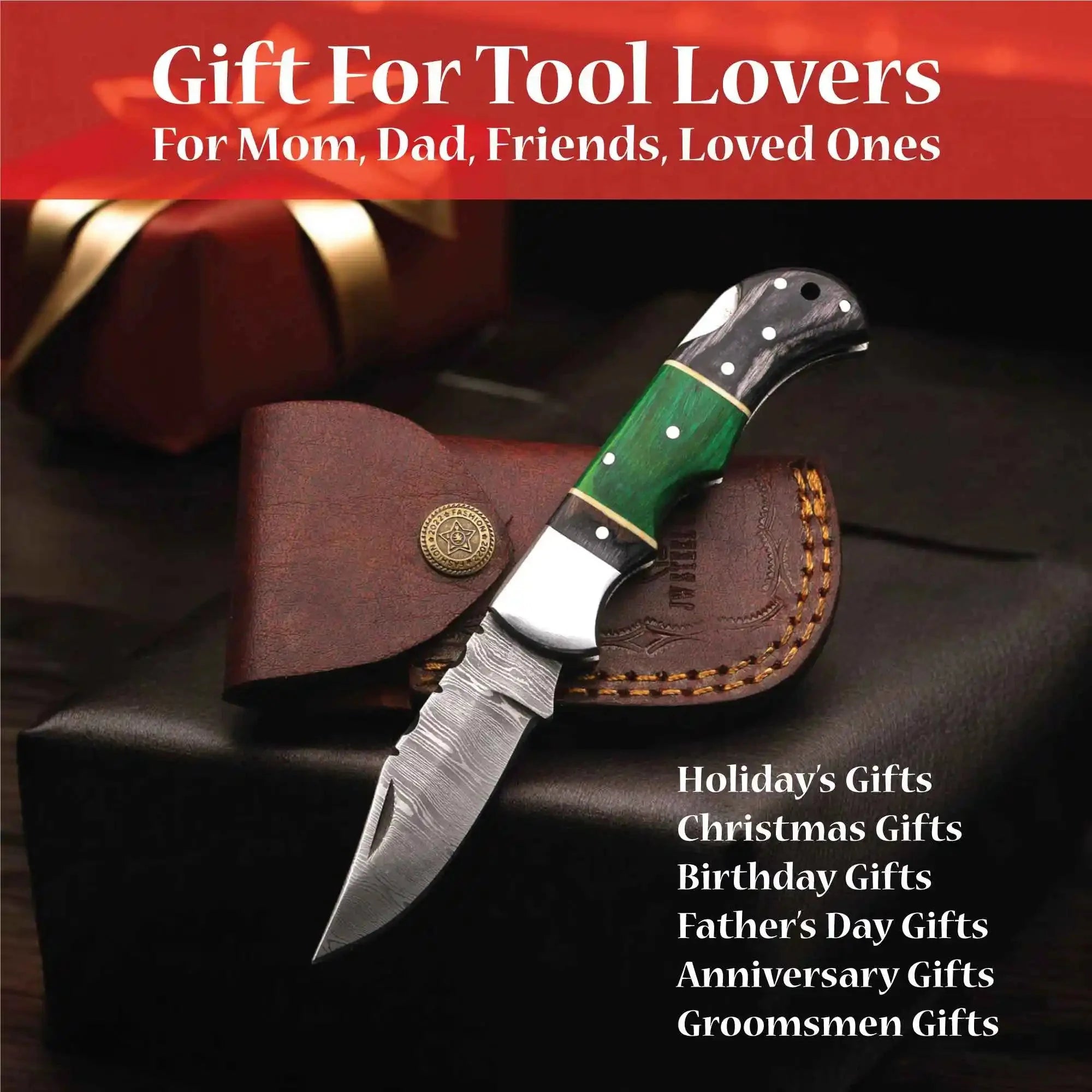 Hand Forged Damascus Steel Folding Knife – Pakka Wood Handle with Leather Sheath
