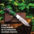Hand Forged Damascus Steel Folding Knife – Pakka Wood Handle with Leather Sheath