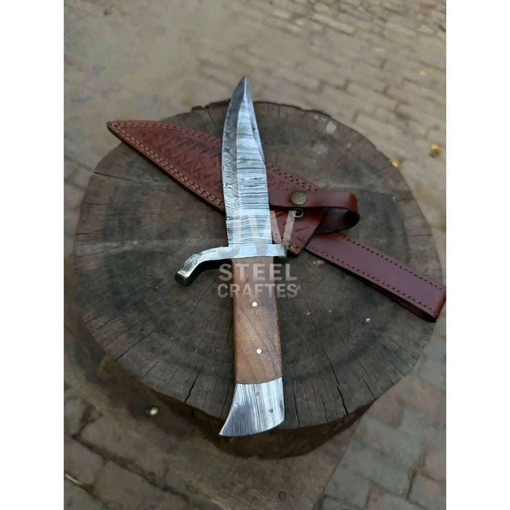 Hand Forged Damascus Steel Frontier Bowie Knife, Clip Point Blade with Coffin Handle and Leather Sheath, JW SteelCrafts