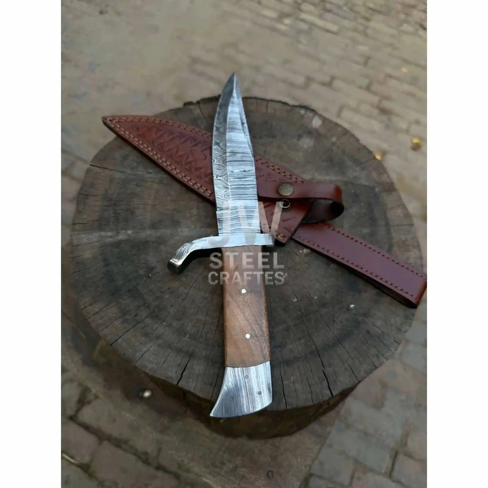Hand Forged Damascus Steel Frontier Bowie Knife, Clip Point Blade with Coffin Handle and Leather Sheath, JW SteelCrafts