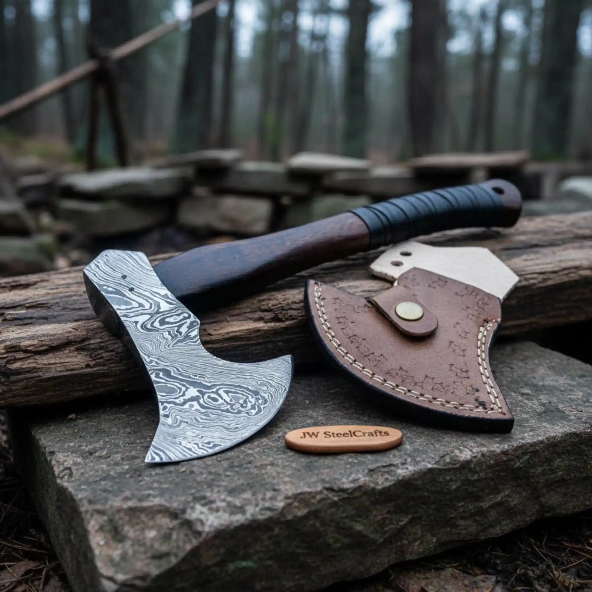 Hand Forged Damascus Steel Hatchet Hawks Tomahawk Axe Rose Wood