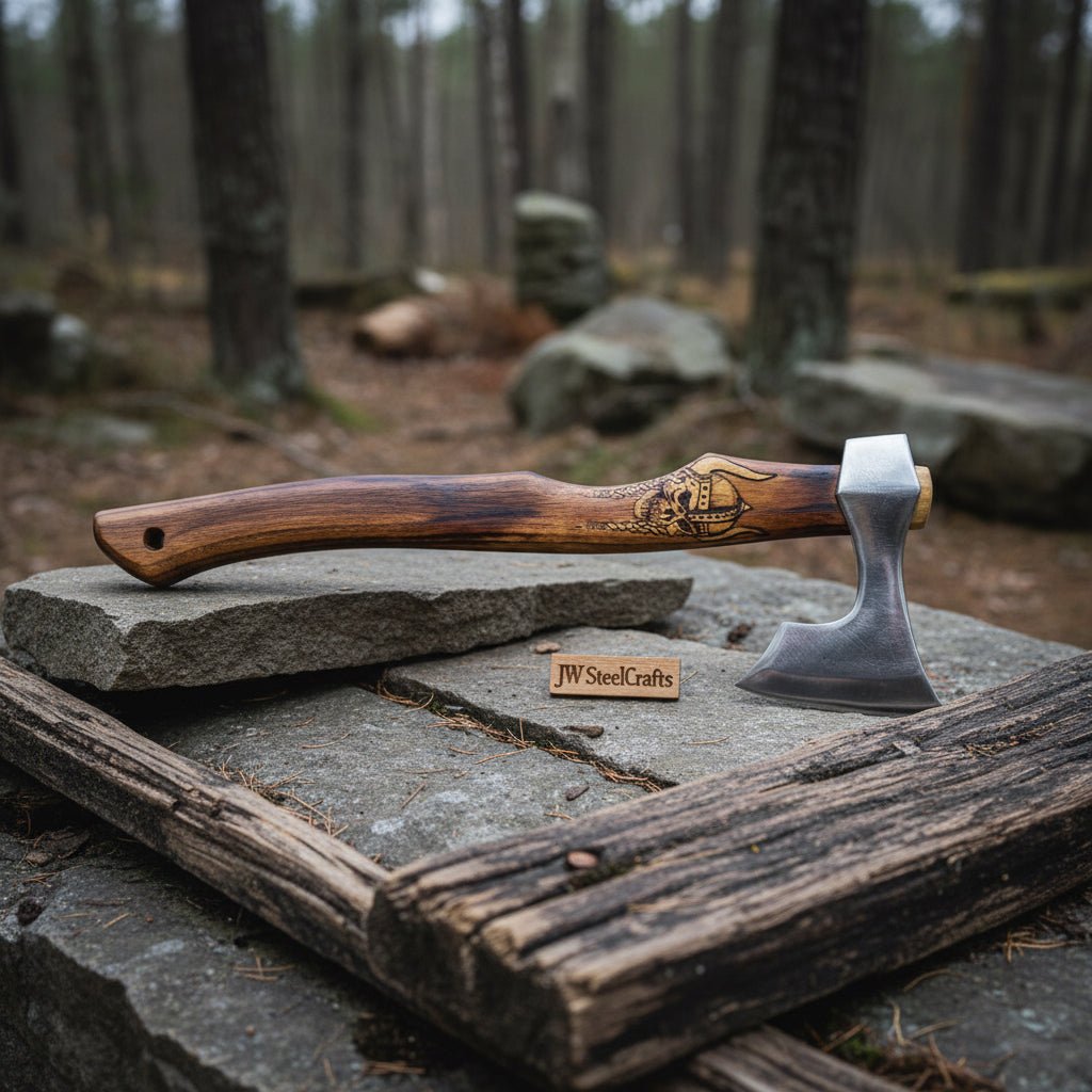 Hand Forged Damascus Steel Viking Axe – 18” Bearded Bushcraft Hatchet with Hardwood Handle | JW SteelCrafts